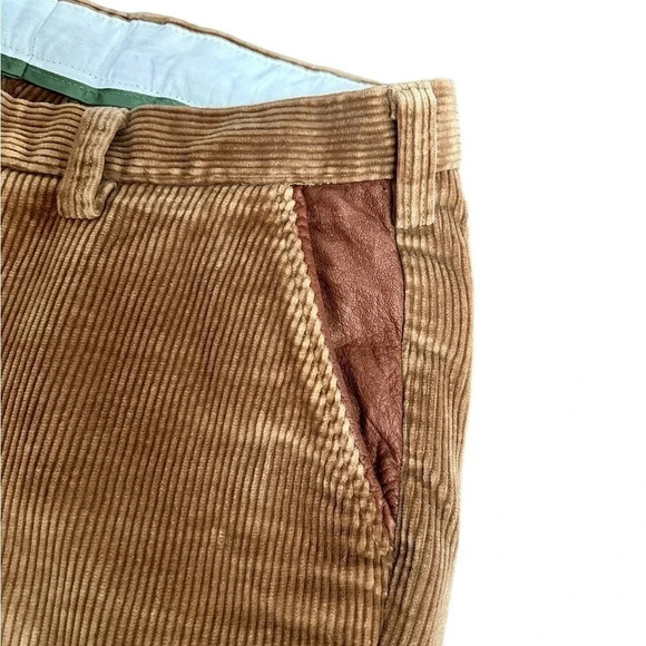 Orvis Dark Khaki Cotton Corduroy Pants Brown Leather Pockets Mens size 36 Waist - Picture 5 of 13